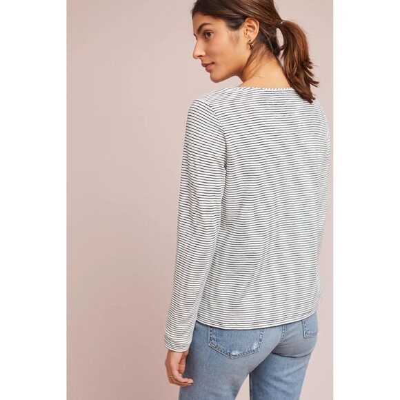 Anthropologie MaEve Kenley Mini Pleats Neckline Stripe Long Sleeve Top M - Picture 4 of 10